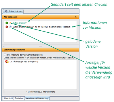 Versionen und Verwendungen befinden sich für Testelemente auf einer gemeinsamen Tabkarte und enthalten zusätzliche Informationen.