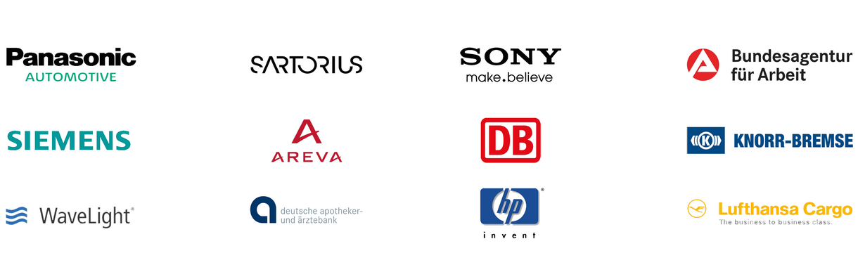 Referenzen Logos: Panasonic Automotive, Sartorius, Sony make belive, Bundesagentur für Arbeit, Siemens, Areva, Deutsche Bahn, Knorr-Bremse, WaveLight, Deutsche Apotheker- und Ärzte Bank, hp invent, Lufthansa Cargo